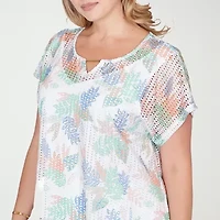 Hearts Of Palm Textured Leaf Print Womens Plus Keyhole Neck Short Sleeve Blouse
