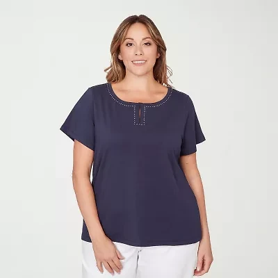 Hearts Of Palm Womens Plus Keyhole Neck Short Sleeve Embellished Blouse