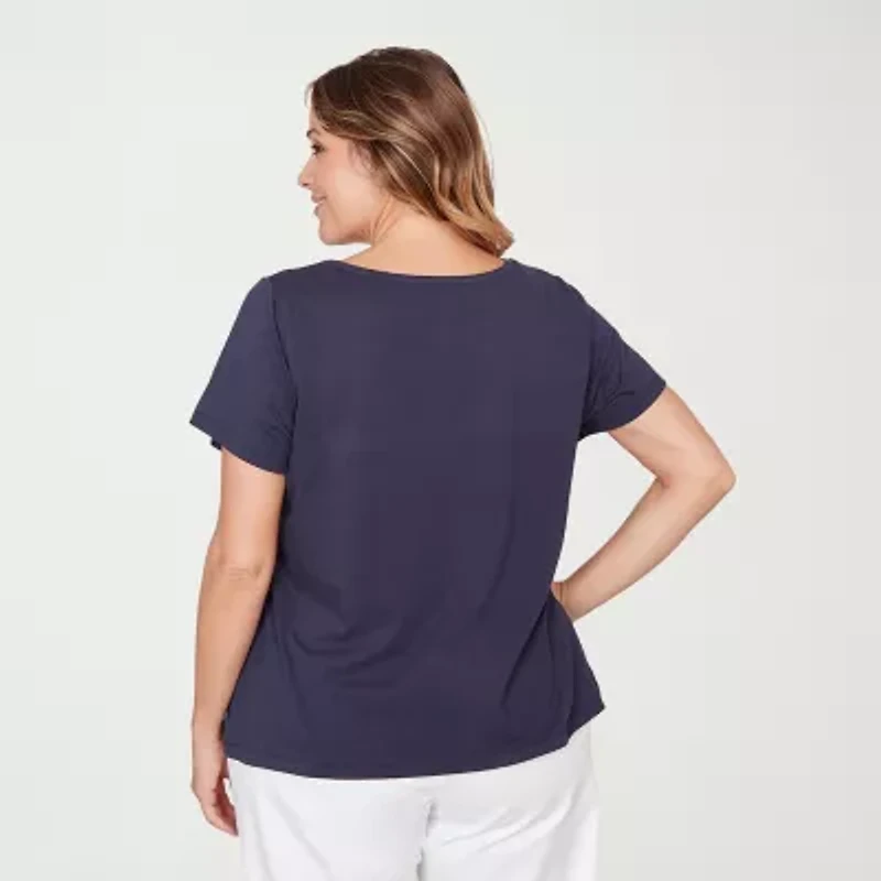 Hearts Of Palm Womens Plus Keyhole Neck Short Sleeve Embellished Blouse