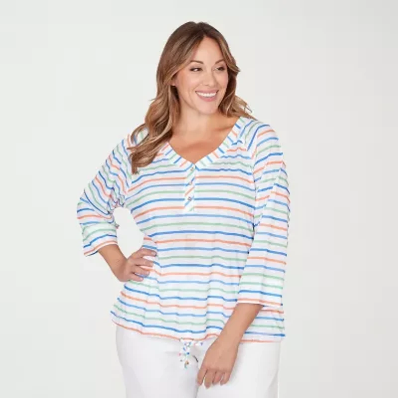 Hearts Of Palm Striped Drawstring Womens Plus 3/4 Sleeve Regular Fit Henley Shirt