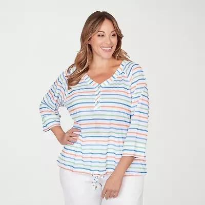 Hearts Of Palm Striped Drawstring Womens Plus 3/4 Sleeve Regular Fit Henley Shirt
