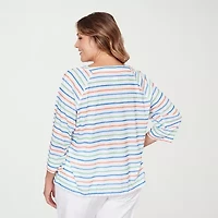 Hearts Of Palm Striped Drawstring Womens Plus 3/4 Sleeve Regular Fit Henley Shirt