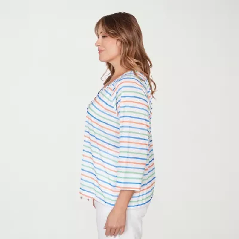Hearts Of Palm Striped Drawstring Womens Plus 3/4 Sleeve Regular Fit Henley Shirt