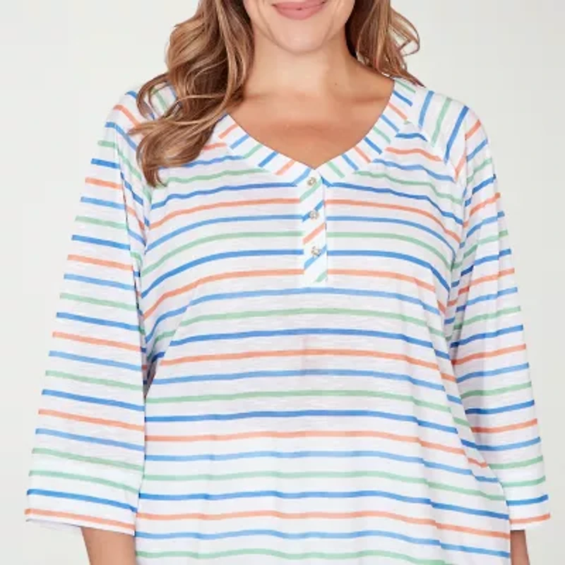 Hearts Of Palm Striped Drawstring Womens Plus 3/4 Sleeve Regular Fit Henley Shirt