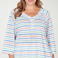 Hearts Of Palm Striped Drawstring Womens Plus 3/4 Sleeve Regular Fit Henley Shirt