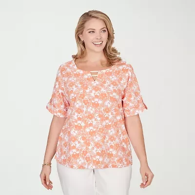 Hearts Of Palm Womens Plus Crew Neck Elbow Sleeve Embellished Blouse