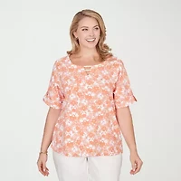 Hearts Of Palm Womens Plus Crew Neck Elbow Sleeve Embellished Blouse