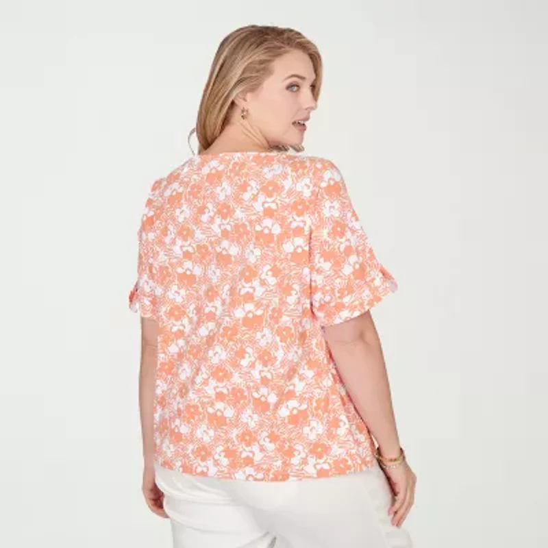 Hearts Of Palm Womens Plus Crew Neck Elbow Sleeve Embellished Blouse