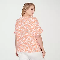 Hearts Of Palm Womens Plus Crew Neck Elbow Sleeve Embellished Blouse