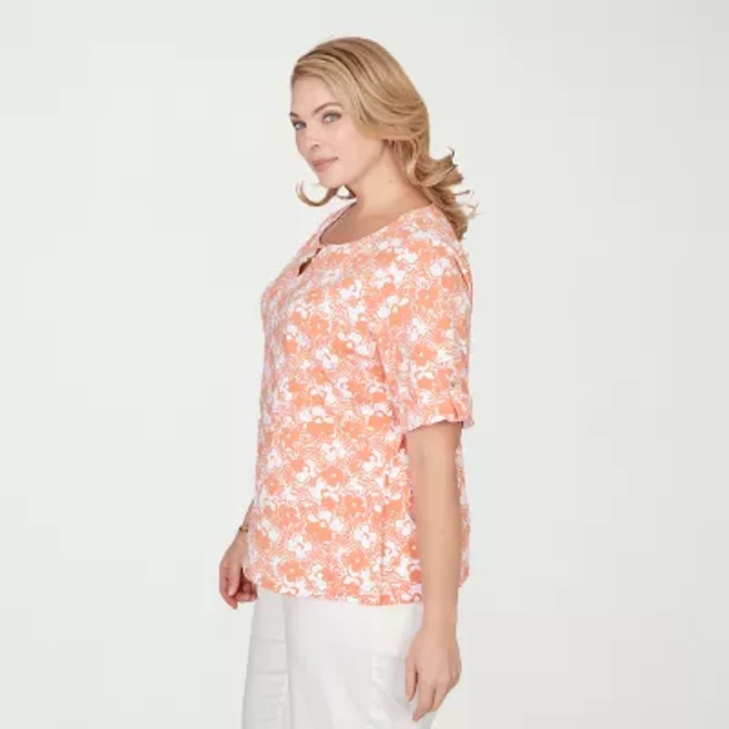 Hearts Of Palm Womens Plus Crew Neck Elbow Sleeve Embellished Blouse