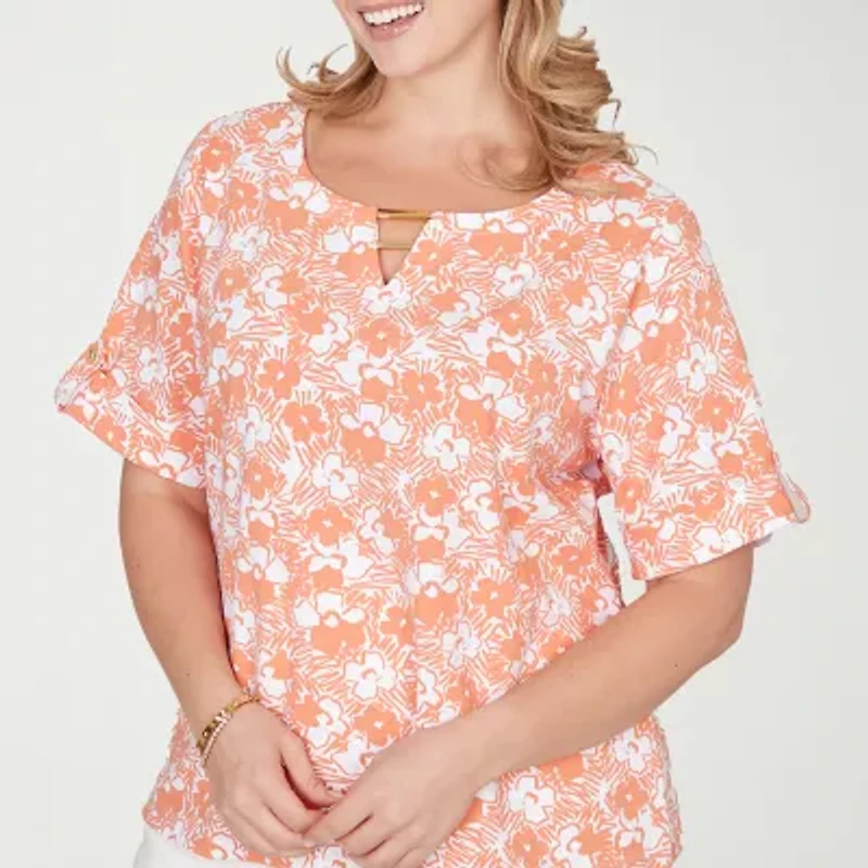 Hearts Of Palm Womens Plus Crew Neck Elbow Sleeve Embellished Blouse