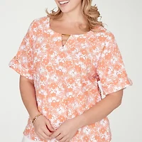 Hearts Of Palm Womens Plus Crew Neck Elbow Sleeve Embellished Blouse