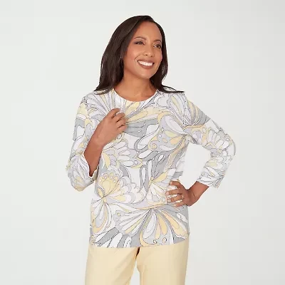 Alfred Dunner Petite Al Fresco Womens Crew Neck Embellished 3/4 Sleeve Abstract Pullover Sweater