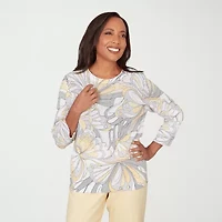 Alfred Dunner Petite Al Fresco Womens Crew Neck Embellished 3/4 Sleeve Abstract Pullover Sweater