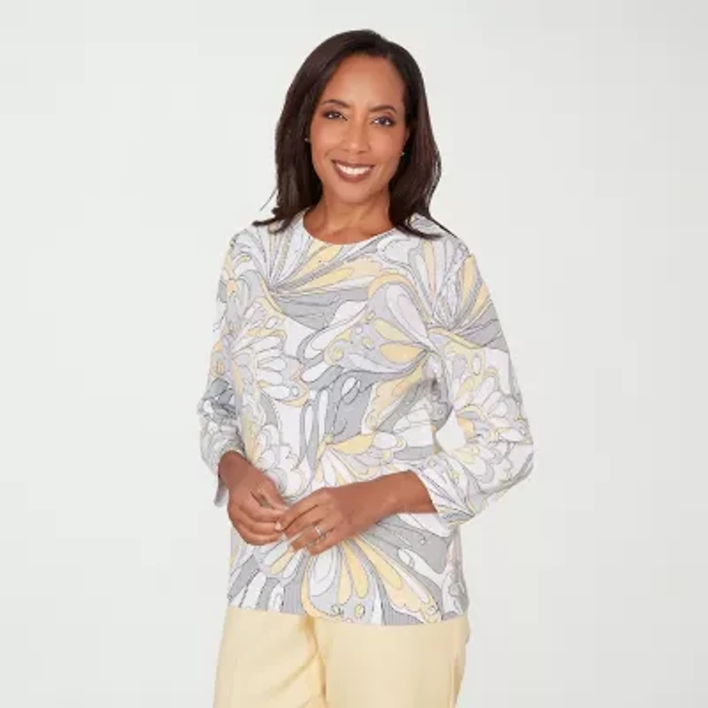 Alfred Dunner Petite Al Fresco Womens Crew Neck Embellished 3/4 Sleeve Abstract Pullover Sweater