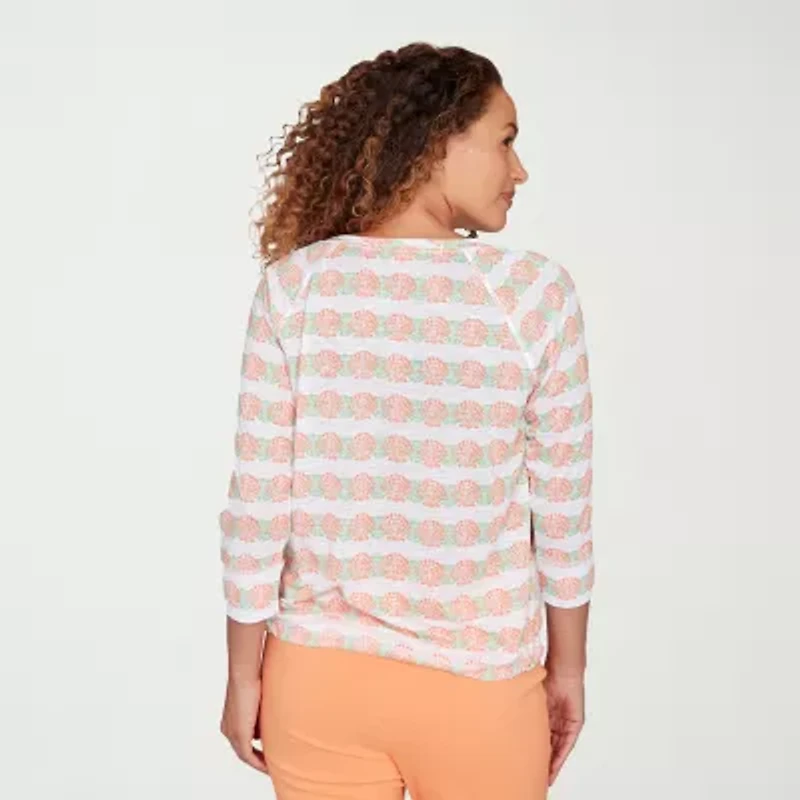 Hearts Of Palm Embellished Drawstring Womens Crew Neck 3/4 Sleeve Peasant Top