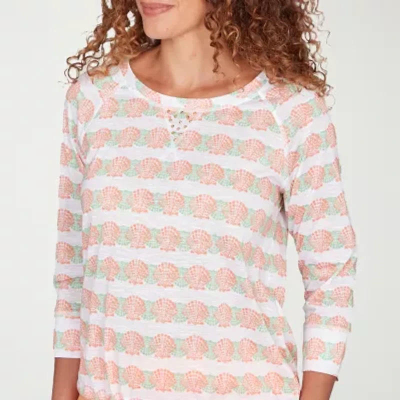 Hearts Of Palm Embellished Drawstring Womens Crew Neck 3/4 Sleeve Peasant Top