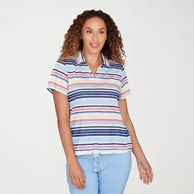 Hearts Of Palm Open Collar Drawstring Womens Short Sleeve Polo Shirt