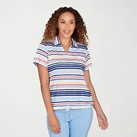 Hearts Of Palm Open Collar Drawstring Womens Short Sleeve Polo Shirt