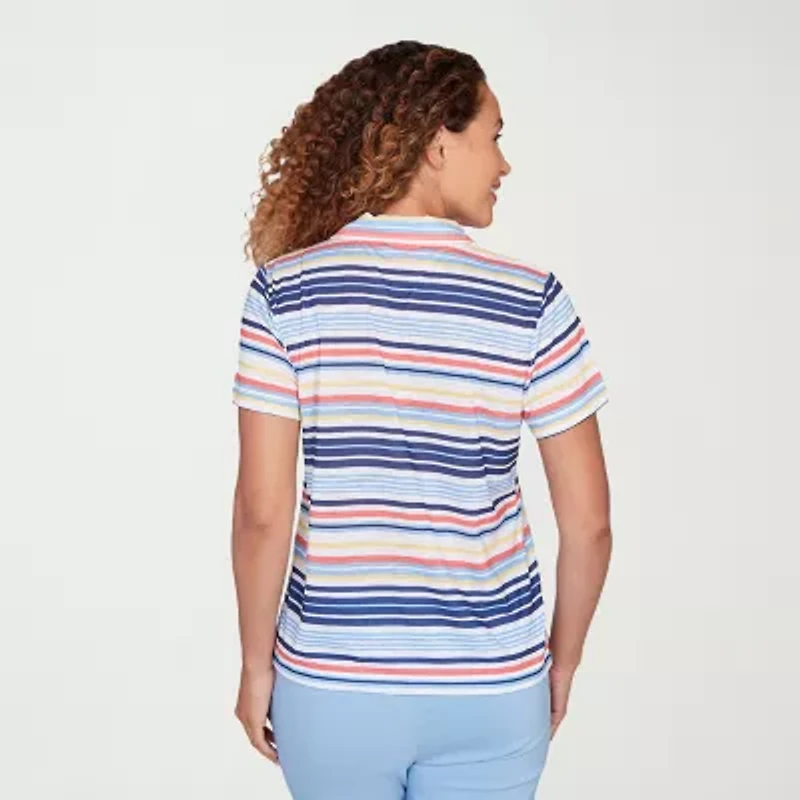 Hearts Of Palm Open Collar Drawstring Womens Short Sleeve Polo Shirt