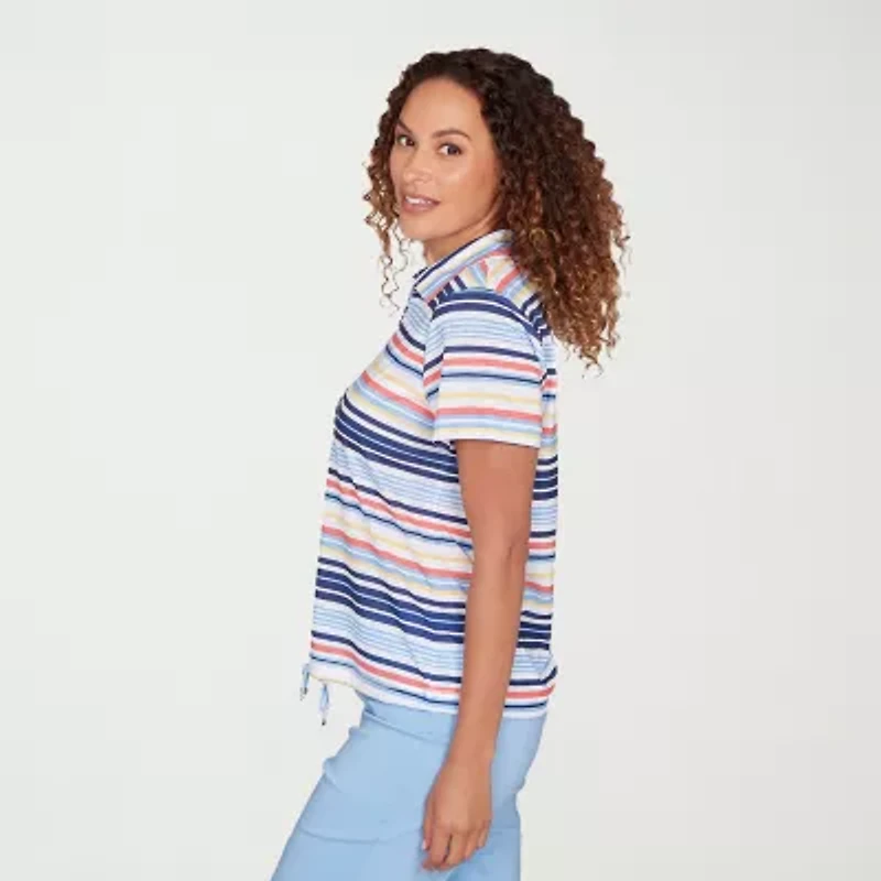 Hearts Of Palm Open Collar Drawstring Womens Short Sleeve Polo Shirt