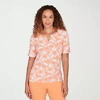 Hearts Of Palm Womens Keyhole Neck Elbow Sleeve Embellished Blouse