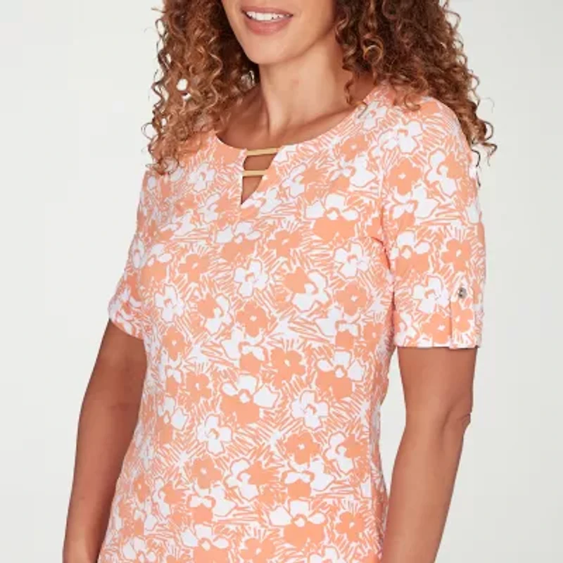 Hearts Of Palm Womens Keyhole Neck Elbow Sleeve Embellished Blouse