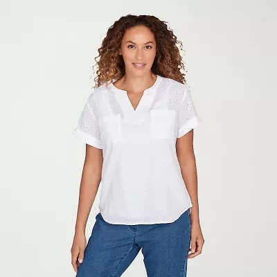 Hearts Of Palm Eyelet Womens Split Crew Neck Short Sleeve Blouse