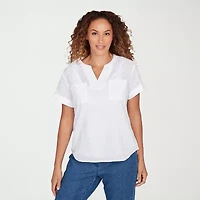 Hearts Of Palm Eyelet Womens Split Crew Neck Short Sleeve Blouse