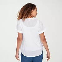 Hearts Of Palm Eyelet Womens Split Crew Neck Short Sleeve Blouse