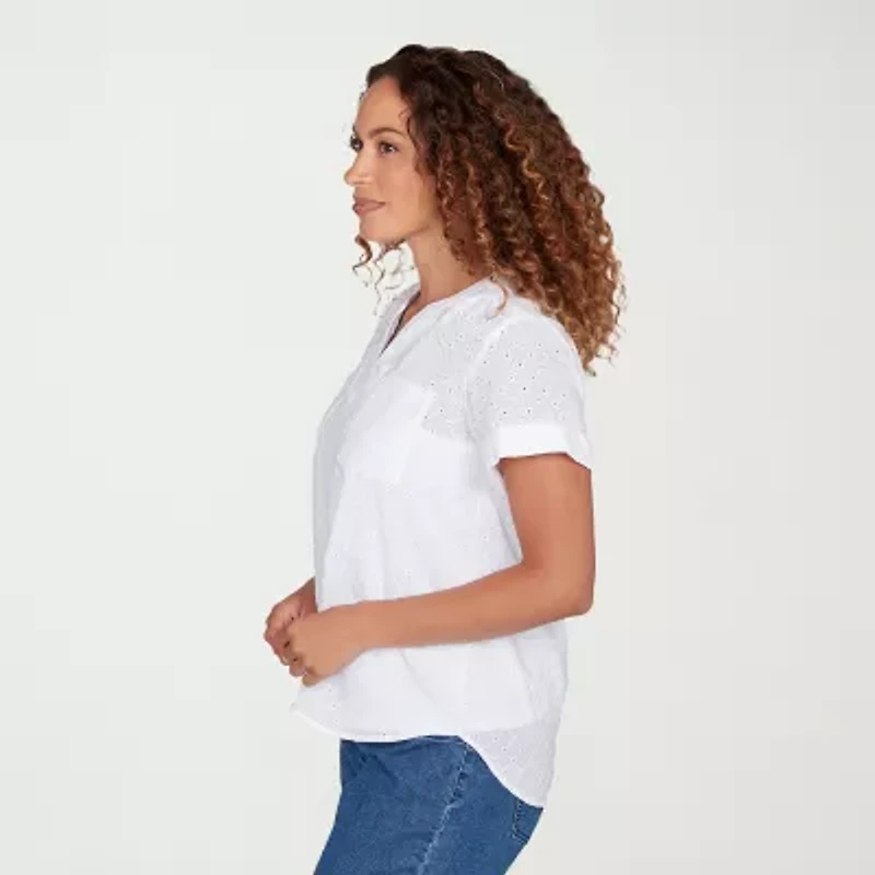 Hearts Of Palm Eyelet Womens Split Crew Neck Short Sleeve Blouse