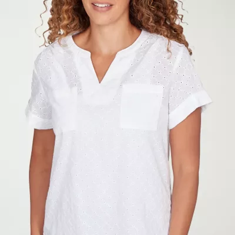 Hearts Of Palm Eyelet Womens Split Crew Neck Short Sleeve Blouse