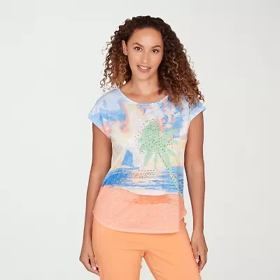 Hearts Of Palm Embellished Beach Scene Womens Round Neck Short Sleeve T-Shirt