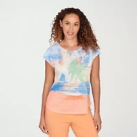 Hearts Of Palm Embellished Beach Scene Womens Round Neck Short Sleeve T-Shirt