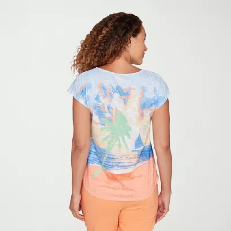 Hearts Of Palm Embellished Beach Scene Womens Round Neck Short Sleeve T-Shirt