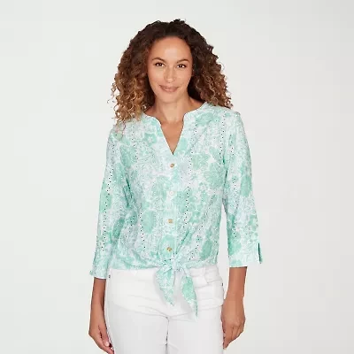 Hearts Of Palm Eyelet Tie Front Womens Split Crew Neck Fitted 3/4 Sleeve Regular Fit Button-Down Shirt