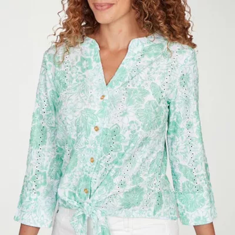 Hearts Of Palm Eyelet Tie Front Womens Split Crew Neck Fitted 3/4 Sleeve Regular Fit Button-Down Shirt