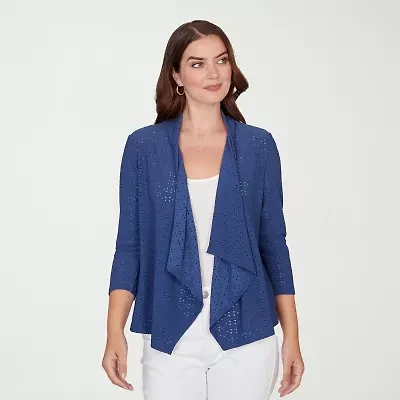 Hearts Of Palm Open Front Eyelet Womens 3/4 Sleeve Cardigan