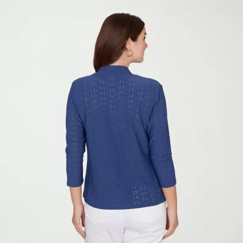 Hearts Of Palm Open Front Eyelet Womens 3/4 Sleeve Cardigan