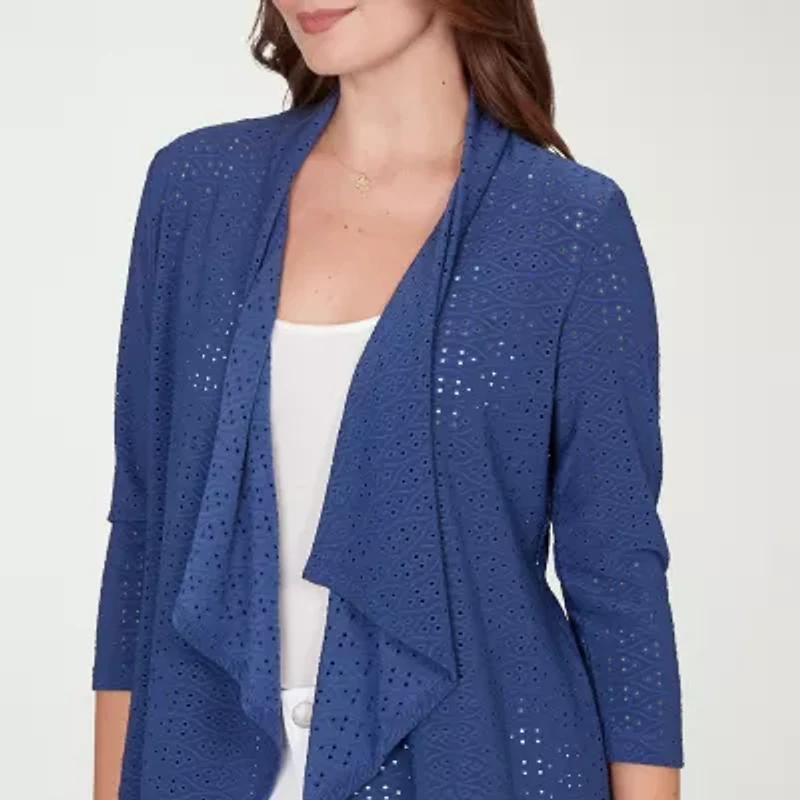 Hearts Of Palm Open Front Eyelet Womens 3/4 Sleeve Cardigan