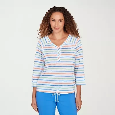 Hearts Of Palm Drawstring Womens 3/4 Sleeve Regular Fit Henley Shirt