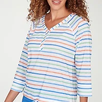 Hearts Of Palm Drawstring Womens 3/4 Sleeve Regular Fit Henley Shirt