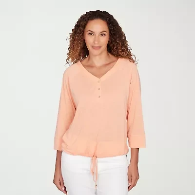 Hearts Of Palm Drawstring Womens 3/4 Sleeve Regular Fit Henley Shirt