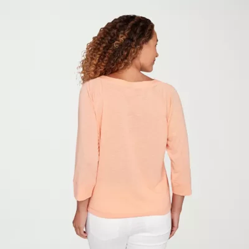 Hearts Of Palm Drawstring Womens 3/4 Sleeve Regular Fit Henley Shirt