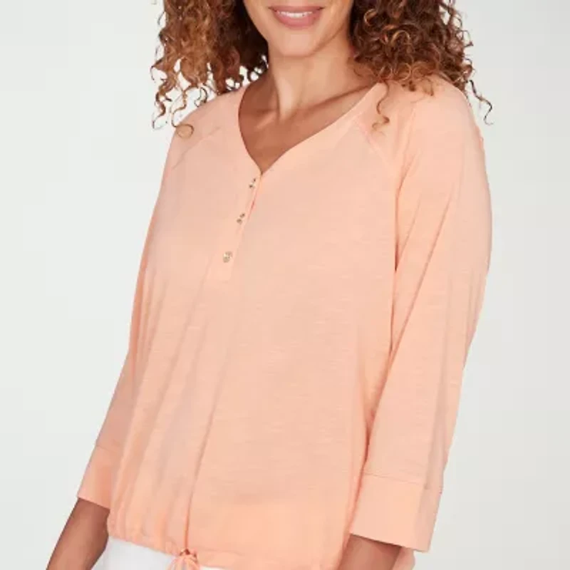 Hearts Of Palm Drawstring Womens 3/4 Sleeve Regular Fit Henley Shirt