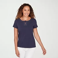 Hearts Of Palm Womens Keyhole Neck Short Sleeve Embellished Blouse