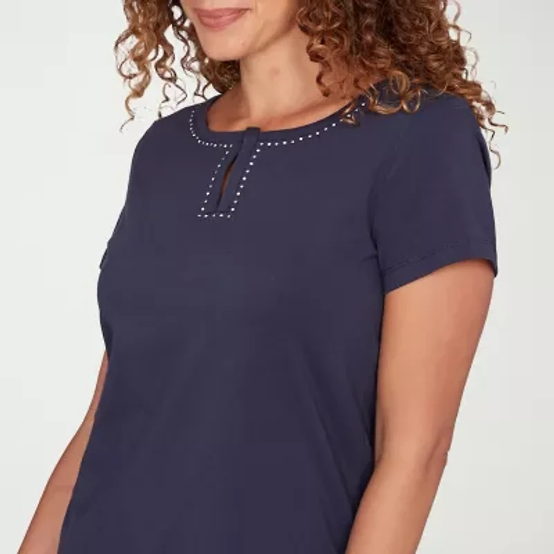 Hearts Of Palm Womens Keyhole Neck Short Sleeve Embellished Blouse