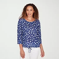 Hearts Of Palm Embellished Drawstring Womens Crew Neck 3/4 Sleeve Peasant Top