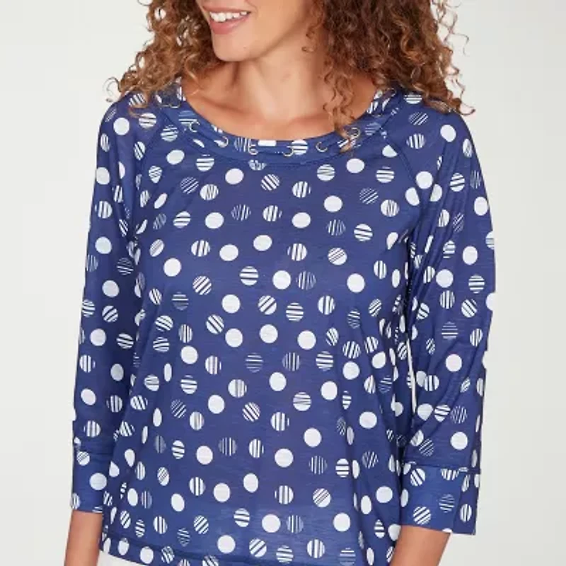 Hearts Of Palm Embellished Drawstring Womens Crew Neck 3/4 Sleeve Peasant Top