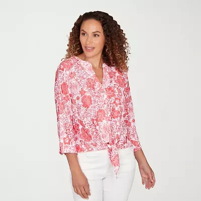 Hearts Of Palm Eyelet Tie Front Womens Split Crew Neck Fitted 3/4 Sleeve Regular Fit Button-Down Shirt